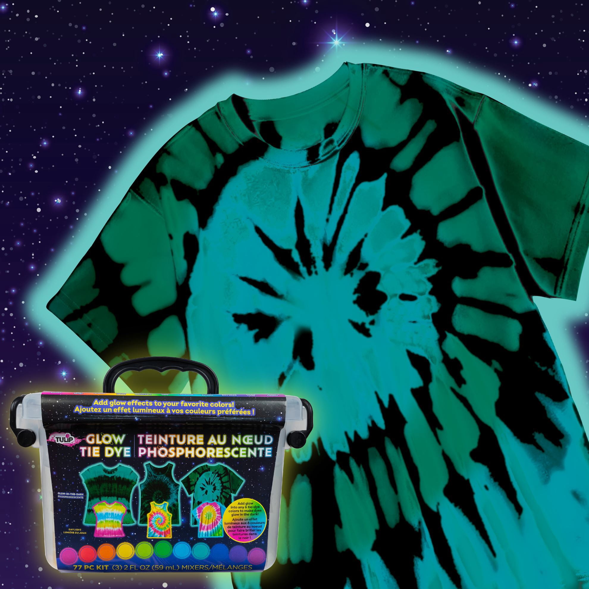 Tulip Glow Tie-Dye Tub, Design Your Looks, Add Glow Effects to Your Favorite Colors, Includes 18 Easy-Squeeze Dye Bottles and Glow Pigments/Mixers, All-in-One Party Activity Kit, 77 pieces