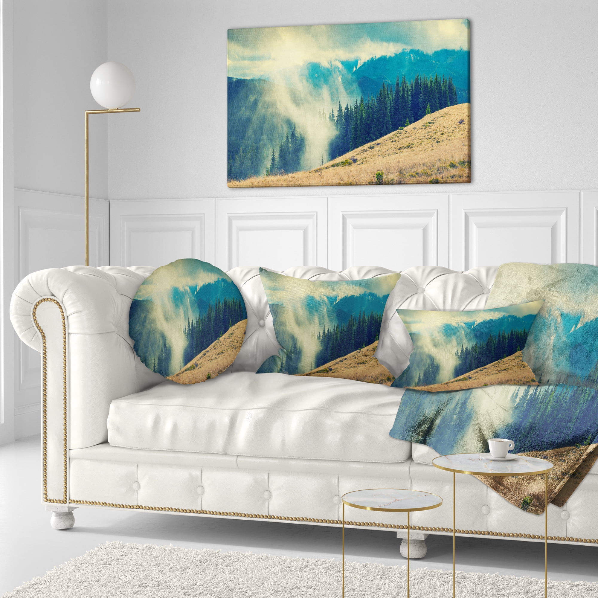 Designart Blue Forest in Fog - Landscape Photography Throw Pillow - 12x20