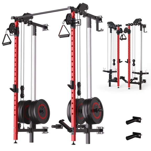 COZONY Folding Wall Mounted Squat Rack with Dual Pulley System & Pull Up Bar, Multi-Function Power Cage for Home Gym,Red