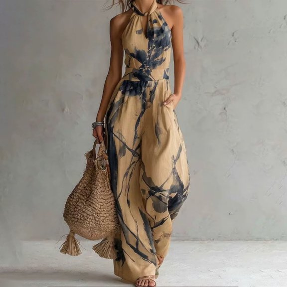 Sunnin Halter Neck Floral Jumpsuit with Pockets Wide Leg Sleeveless Casual Summer Wear