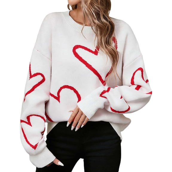 DHFJKG Womens Sweaters Oversized Knitted Pullover Heart Print Top Casual Long Sleeve Crewneck Spring Fall Outfits Trendy Tops