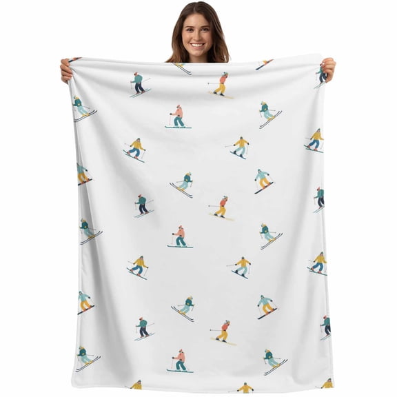 Skiing Blanket Soft Cozy Warm Throw Blanket for Couch, Plush Fuzzy Flannel Fleece Blankets for Sofa, Winter Snow Ski Sports Cartoon Boys Girls Skier Bed Blankets Lightweight Gifts for Women, 50"x60"