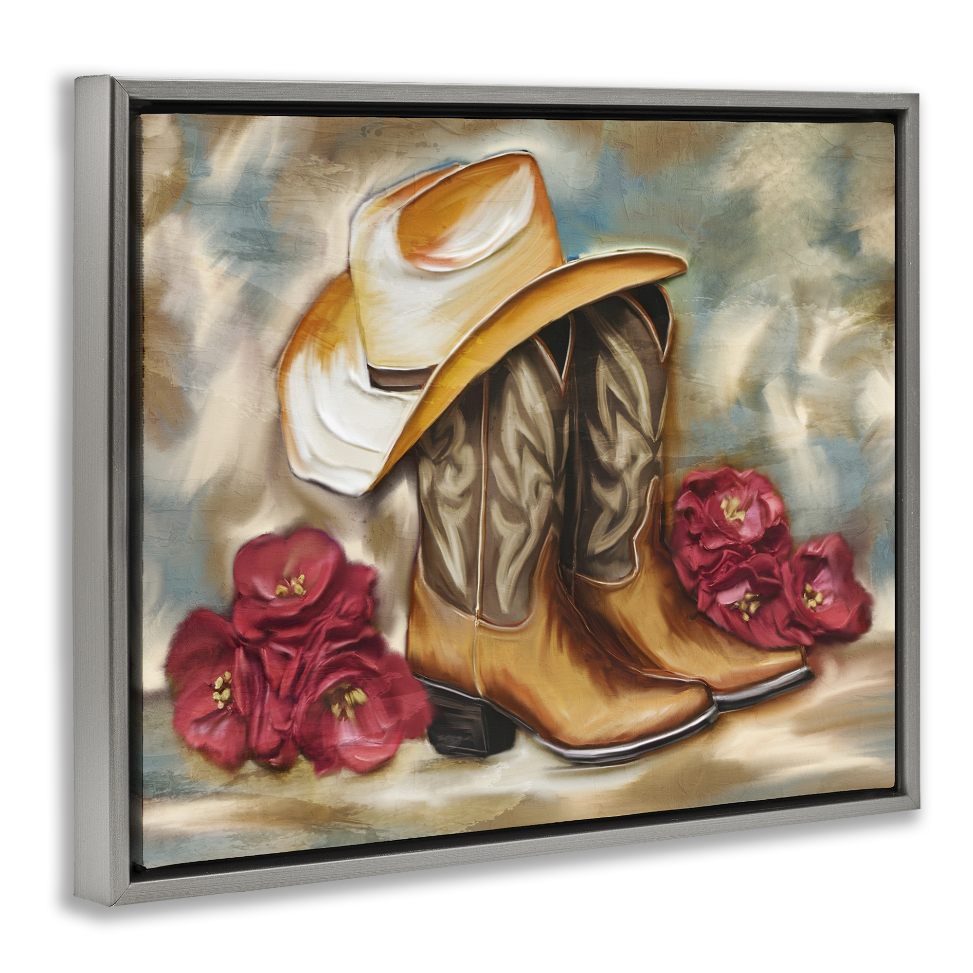 Boots & Floral Bunches Gray Framed Floater Canvas Wall Art, design by Kim Allen