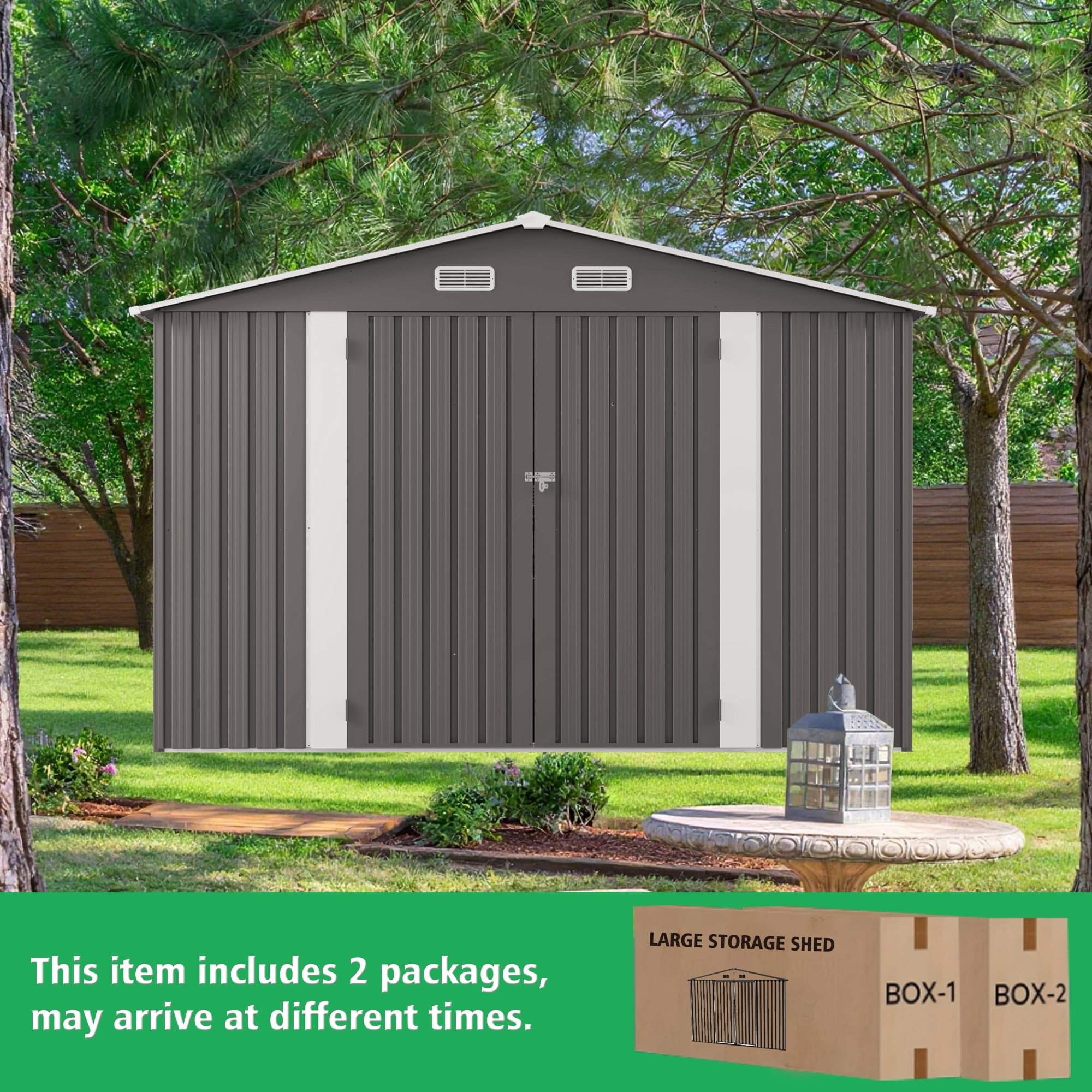 10x12FT Outdoor Tool Storage Shed,Large Metal Garden Shed w/ Double Door&2Window