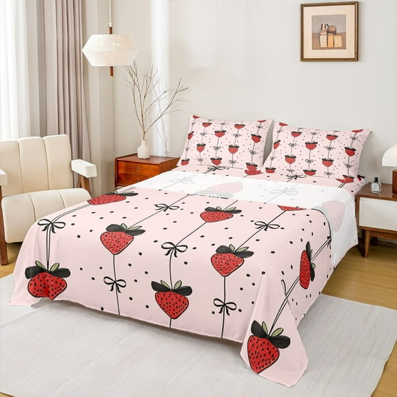 Homewish Kawaii Sweet Strawberry Twin Sheet Sets,Cute Bowknot Ribbon Twin Fitted Sheet,Black Polka Dots Flat Sheet For Girl Teens,Super Cozy Room Decor,3-Piece
