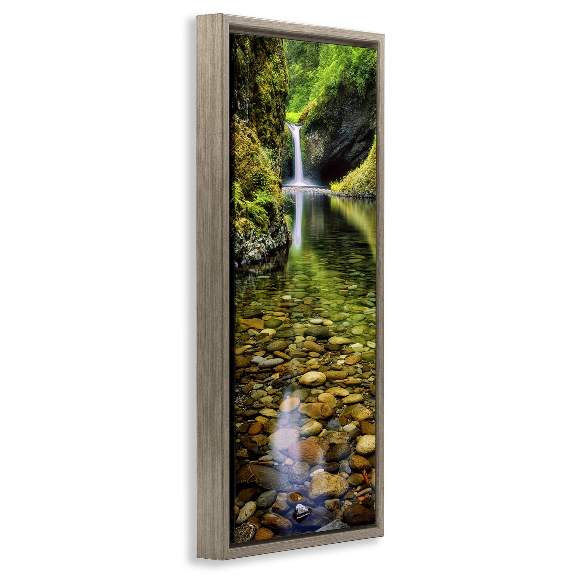 Stupell Industries Clear Stream Waterfall Photography Landscape Photography Brown Floater Framed Canvas Art Print Wall Art, 11 x 25