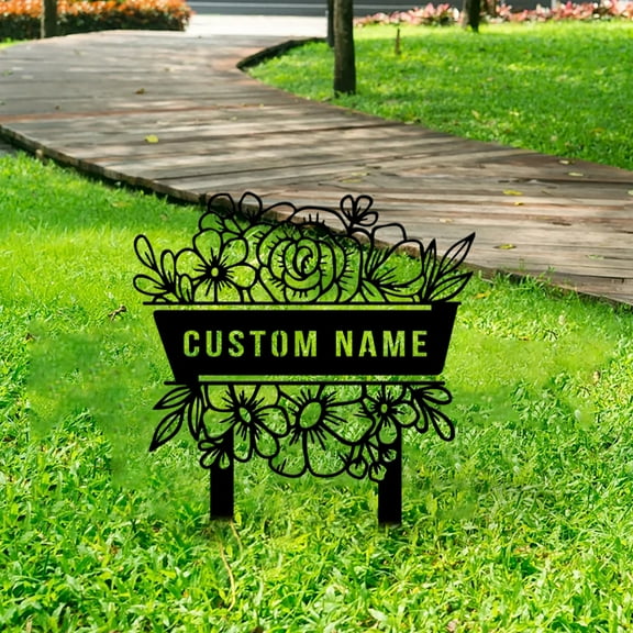 Custom Flowers Garden Stake,Floral Metal Garden Yard Sign, Personalized Gardener Name Plaque Stake,Outdoor Lawn Courtyard Decor