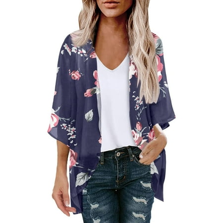 TMOYZQ Women s 3/4 Sleeve Beach Cover Ups Lightweight Chiffon Open Front Kimono Cardigan Casual Summer Loose Bikini Cardigan Outerwear Bathing Suit Cover Up
