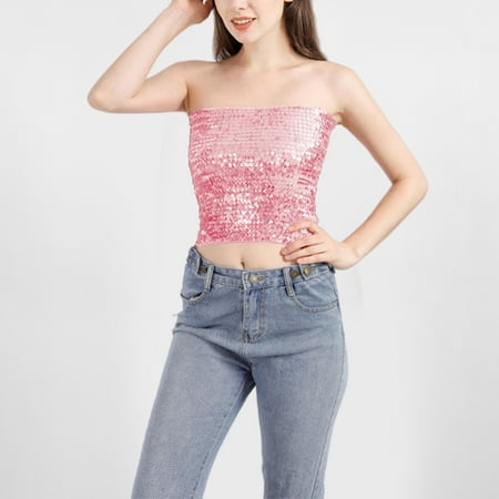 Summer Saving Clearance! pstuiky Bandeau Tops  Women S Solid Color Elastic Sequin Strapless Tube Top  Stylish Short Skirt Bandage Bra  Comfortable & Trendy For Summer Parties. Womens Summer Clothes