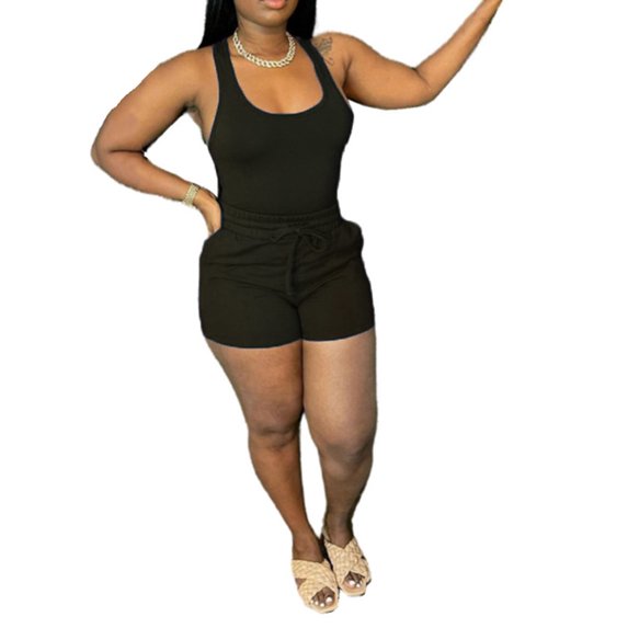 DYMADE Women Plus Size Sexy Casual Solid Color Sport Vest Tether Shorts 2PCs Suit