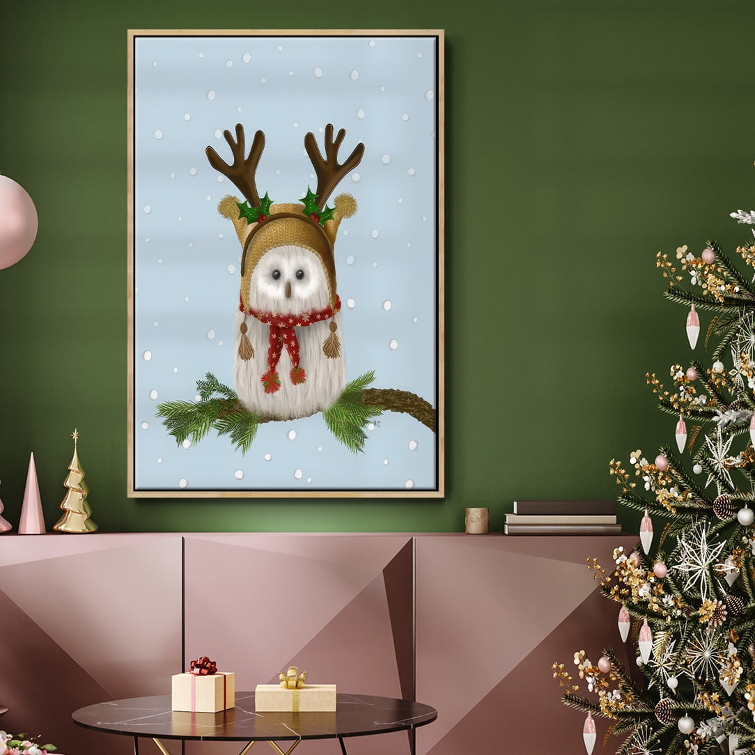 Christmas Fluffy Owl and Antlers - Framed Gallery Wrapped Holiday Canvas - 27 x 41 - Natural Wood Frame