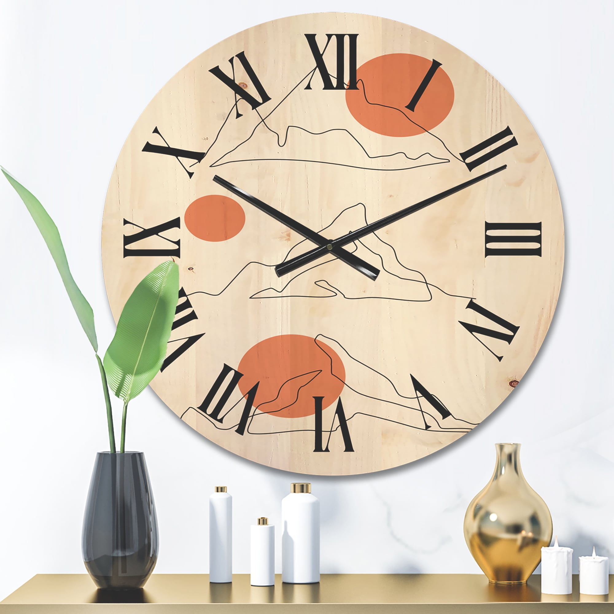 Designart 'Abstract Red Moons With Mountain Range' Modern Wood Wall Clock