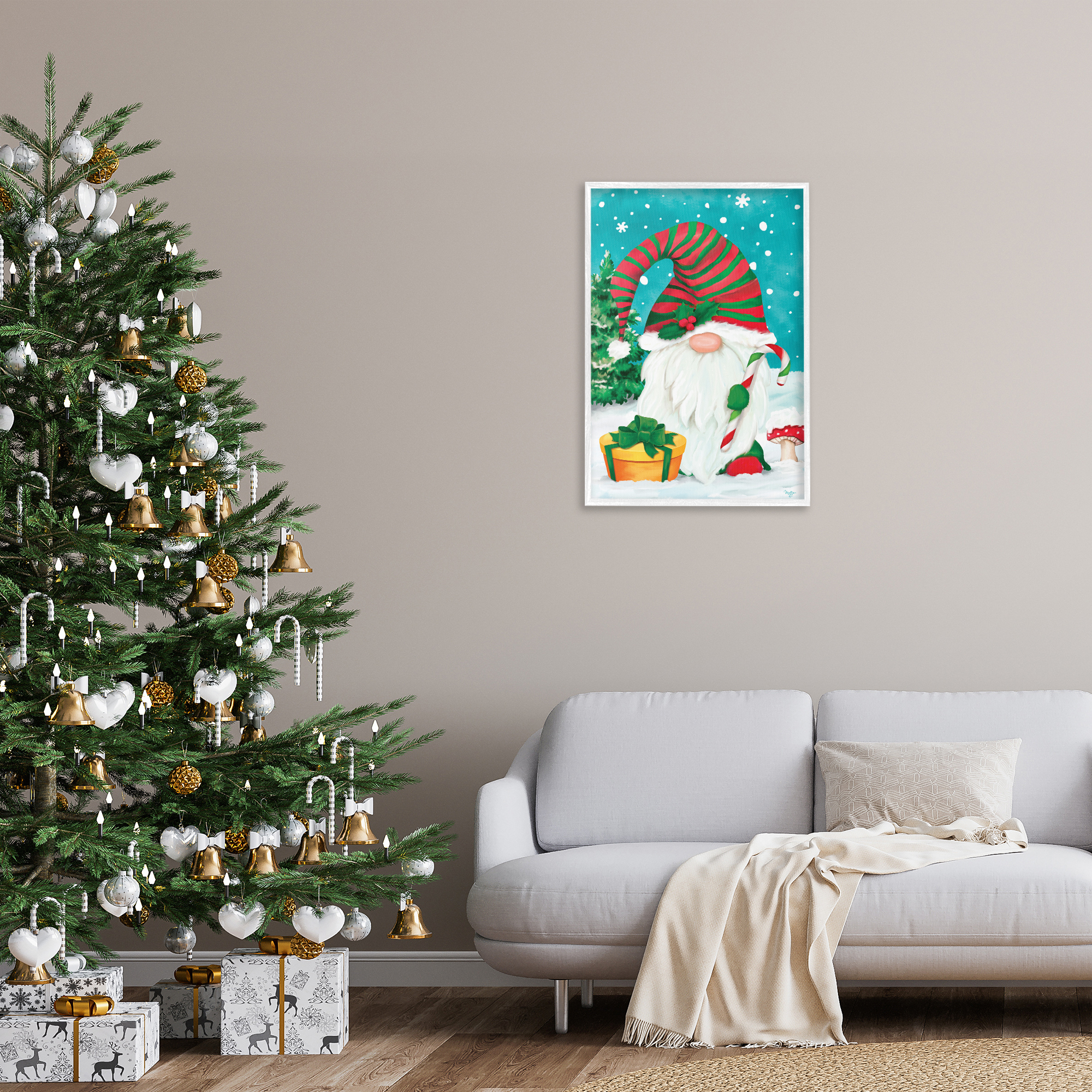Stupell Industries Holiday Elf & Gifts Holiday Painting White Framed Art Print Wall Art, 20 x 30