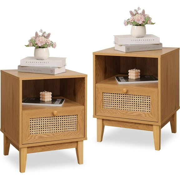 Rattan Nightstand Set of 2, Bedroom Nightstand, Boho Bedside Table, Wood Nightstand with Open Shelf, Bedside Table, Bed Stand with Drawers for Bedroom