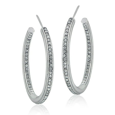 Silvertone Swarovski Elements Inside Out Open Hoop Earrings Silvertone Swarovski Elements Inside Out Open Hoop Earrings