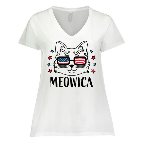 Inktastic 4th of July Meowica Cat in Flag Sunglasses Women's Plus Size V-Neck T-Shirt