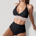 thumbnail image 6 of Women's High Waist Bikini Set with Crochet Waistband and Halter V Neck Top - Medium, Black, 6 of 7