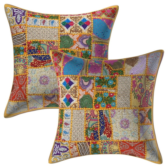 Stylo Culture Ethnic Cotton Living Room Throw Pillow Covers Mango Yellow 20 x 20 Bohemian Vintage Patchwork Ethnic Sofa Cushion Covers 50x50 cm Decorative Abstract Square Pillow Cases | Set Of 2