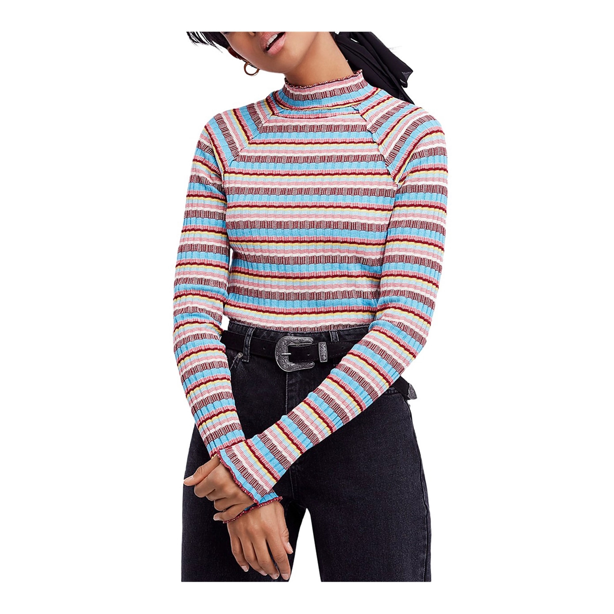 Free People Womens Striped Mock Neck 