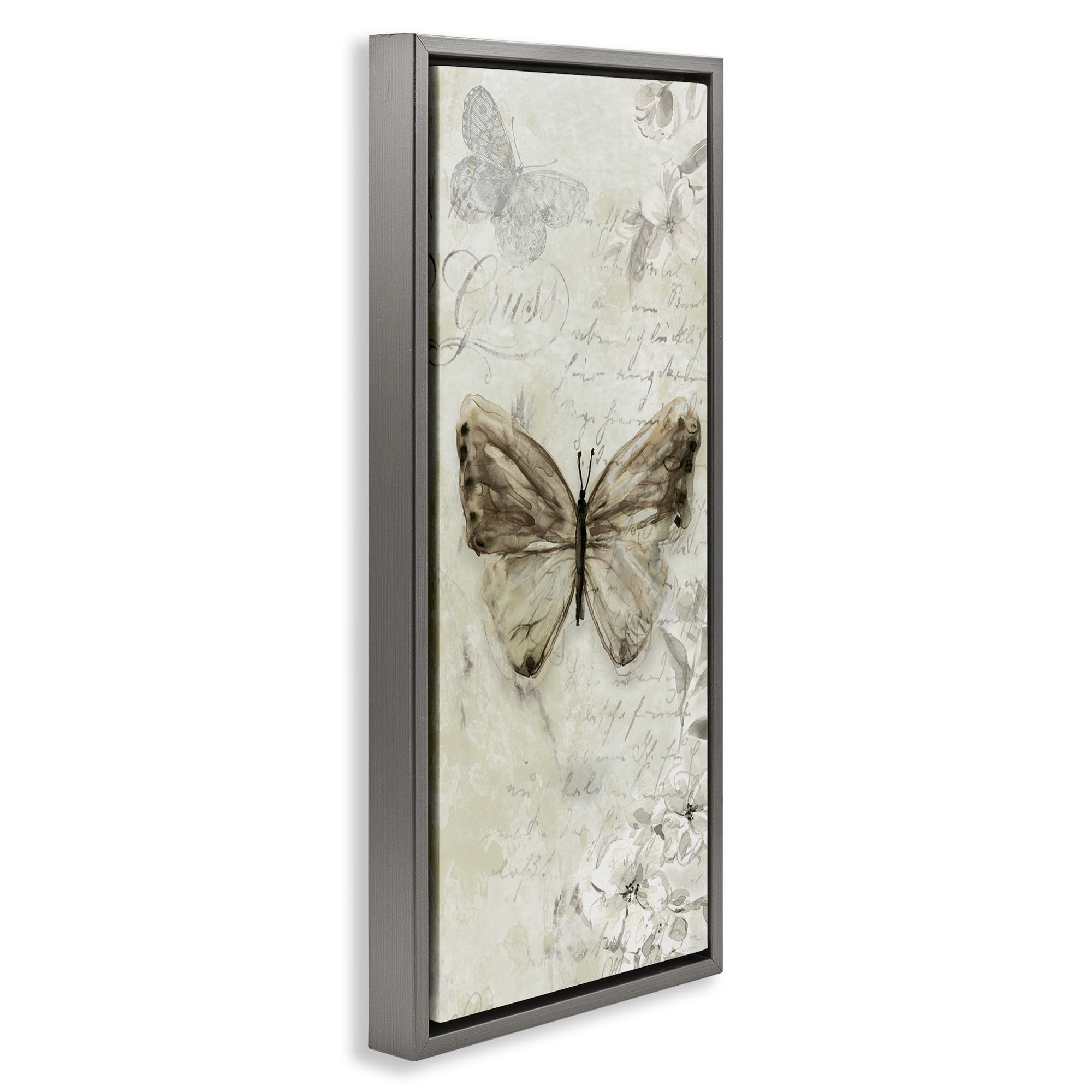Stupell Industries Vintage Patterned Butterfly Animals & Insects Painting Gray Floater Framed Canvas Art Print Wall Art, 11 x 25