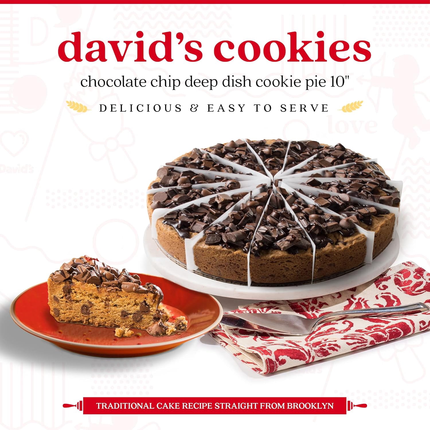 David’s Cookies 10" Chocolate Chip Deep Dish Cookie Pie, Pre-Sliced Birthday Cake, 14 Servings