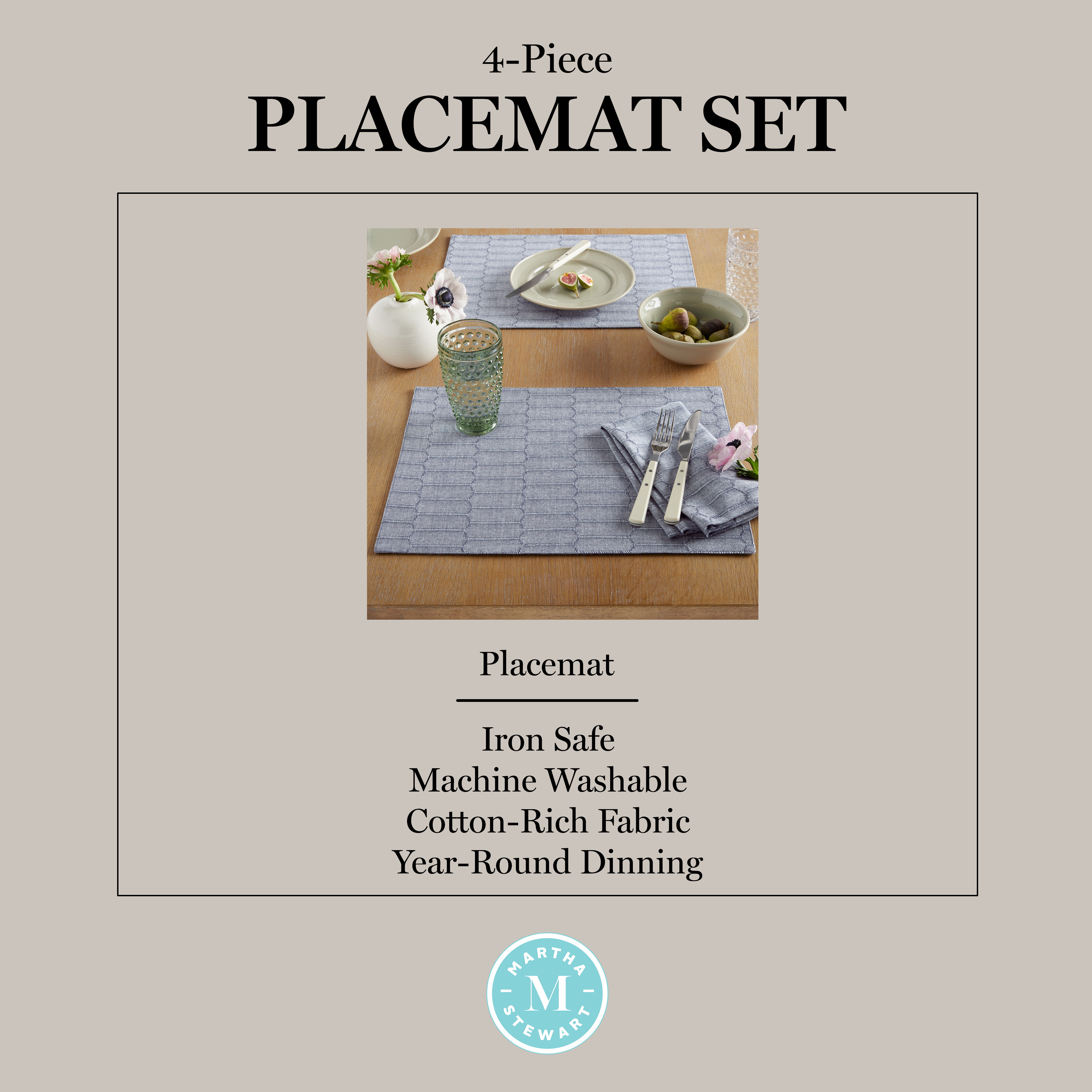 Martha Stewart Honeycomb Modern Farmhouse Reversible Fabric Placemat 4-Pack Set, Blue, 13"x17.5"