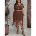 thumbnail image 4 of Coffee Brown Plus Size Casual Lace Tassel Dress With Belted Waist, 4 of 8