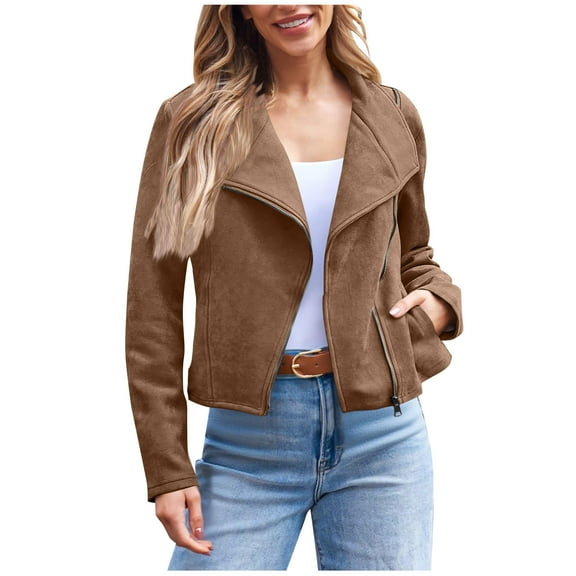 Lcziwo Casual Faux Suede Jacket for Women Full Zip Lapel Coats Plain Long Sleeve Cropped Outerwear Fall Fashion Winter 2025 Outfits Coffee,S