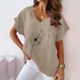 thumbnail image 2 of Jewelreauty Cotton Linen Shirts Women Short Sleeve V Neck Floral Print T-Shirts Casual Cozy Pullover Summer Tops (2XL, B Khaki), 2 of 4