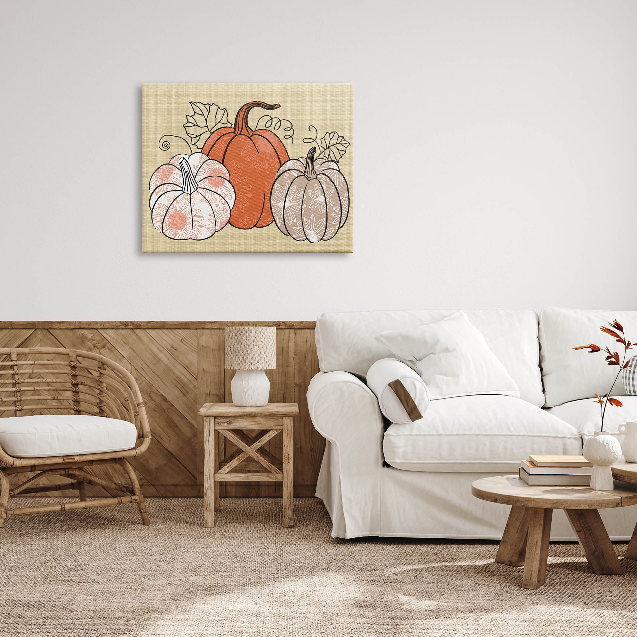 Autumnal Pumpkins Sunflower Pattern Holiday Graphic Art Gallery Wrapped Canvas Print Wall Art