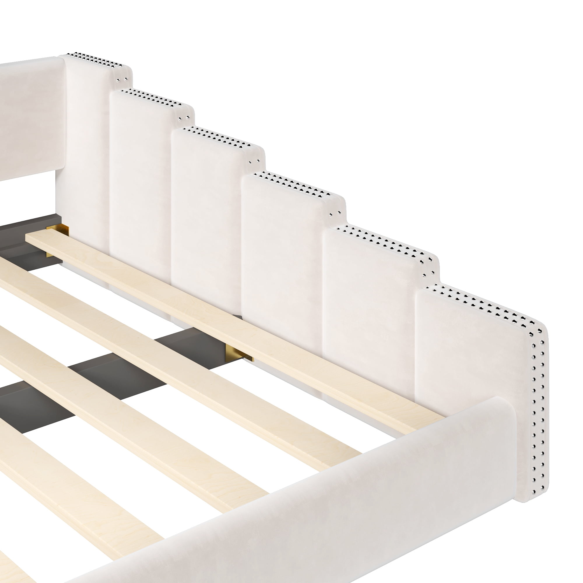 Euroco Upholstery Queen Size Daybed, Velvet Sofa Platform Bed with Nailhead Trim, No Box Spring Needed, Beige