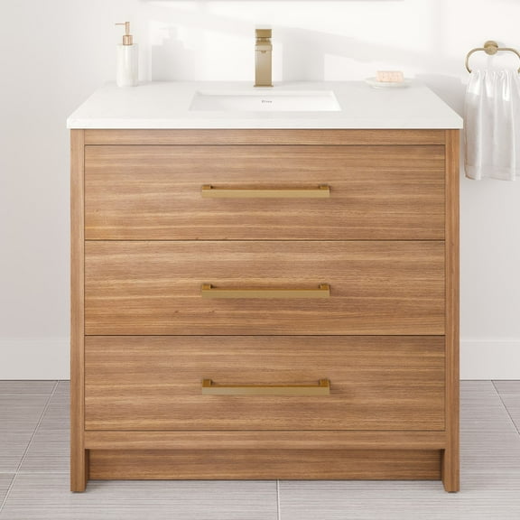 Eviva Curio 36"W x 18"D Walnut Bathroom Vanity with White Carrara Quartz Countertop and Undermount Porcelain Sink