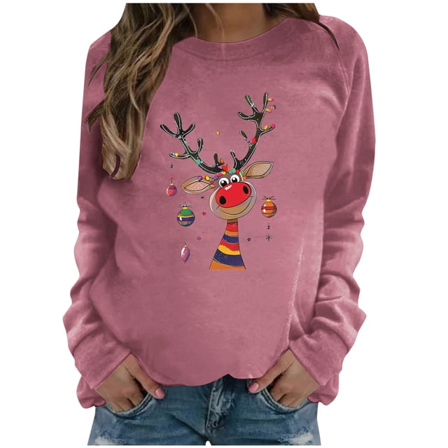 Staron Womens Christmas Sweatshirts Long Sleeve Blouse Funny Reindeer Christmas Graphic Pullover Xmas Tops Casual Sweatshirts Fashion Shirt Womens Gifts Under 25 Dollars