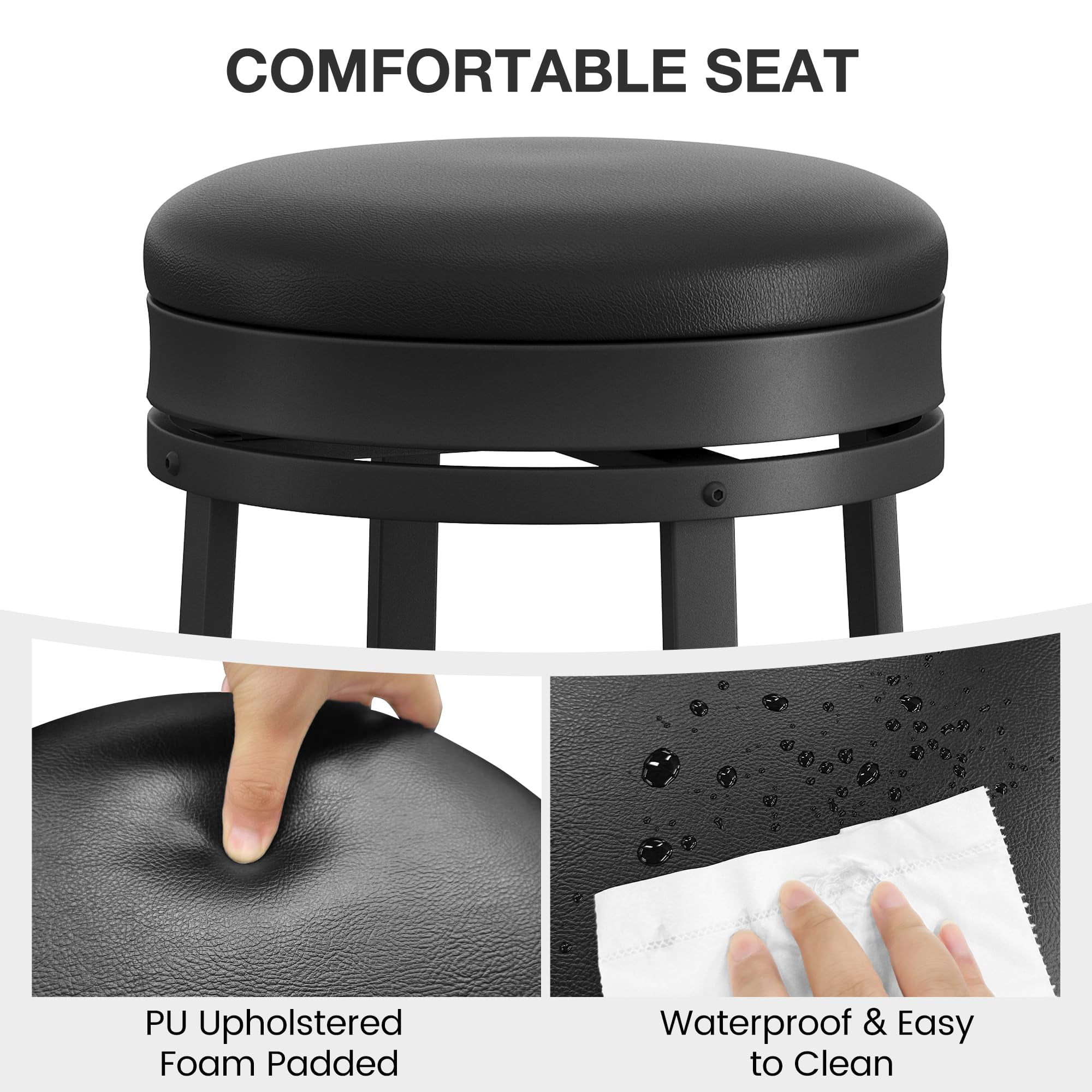 24"Swivel Bar Stools with Footrest, Modern Counter Height Barstools with Pu Leather Upholstered and Metal Frame, Backless Round Bar Stools for Kitchen Island, Black