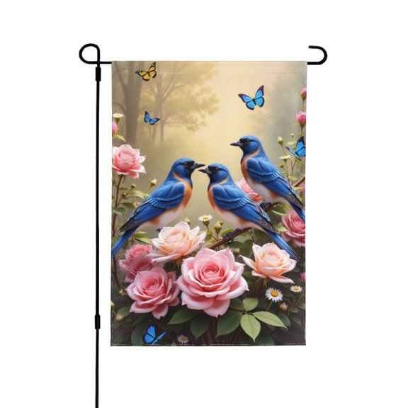 Double Sided Garden Flag 12x18 Inch Bluebirds And Roses Floral Spring Summer Yard Flag Outdoor Decor House Patio Lawn Decoration Banner