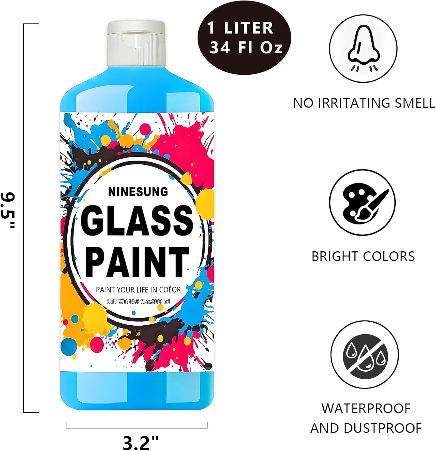 Sky Blue Glass Paint, 34 oz (1 Liter) Jumbo Bulk - Acrylic Paint for Stained Glass, Windows, Wine Glasses, Ceramics & Bottles - For Artists & Beginners (Sky Blue, 34 Fl Oz)
