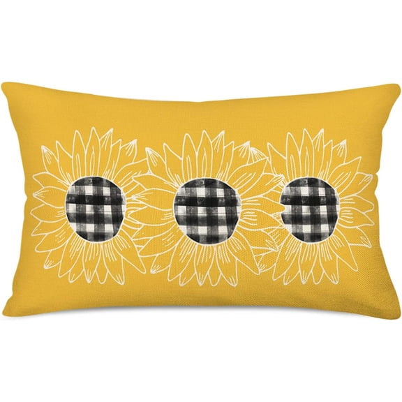 Yellow Sunflower Pillow Covers 12x20 Inch Spring Summer Black Buffalo Plaid Flower Throw Waist Pillow Cases Cotton Linen Rectangular Family Decoration Cushion Cover for Sofa Couch