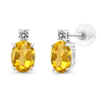 Gem Stone King 14k White Gold Yellow Citrine and White Diamond Earrings for Women (2.73Cttw, GemstoneNovember Birthstone, Oval 8X6MM, Round 2.5MM)