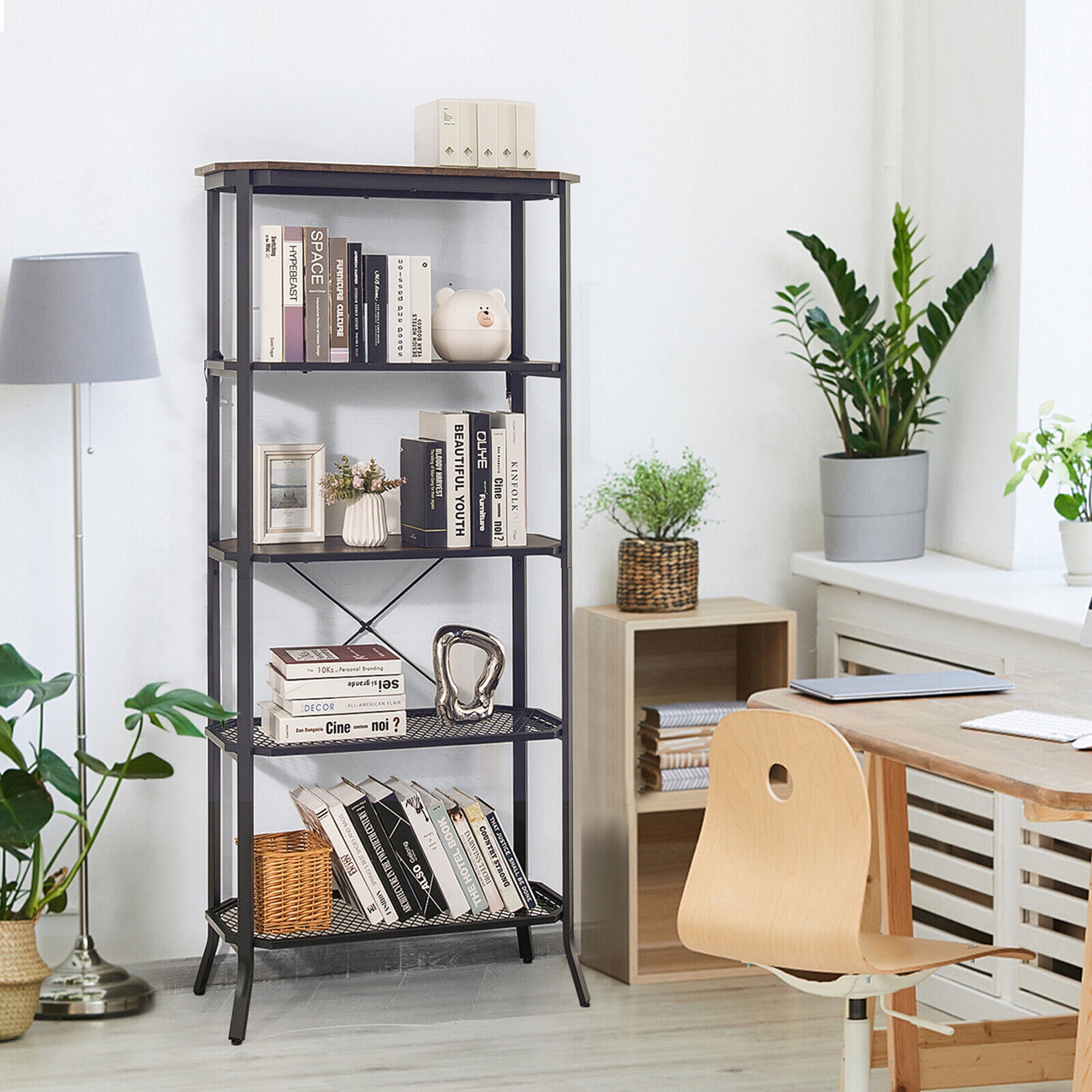 Gymax Fashion 5 Tier Bookshelf Standing Storage Shelf Unit for Kitchen Living Room Office
