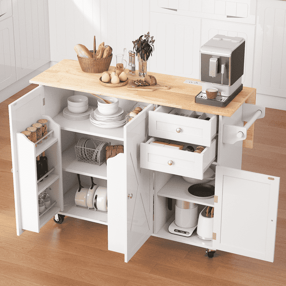 Vicluke 50.4" Kitchen Island with Drop Leaf & Power Outlet, Farmhouse Rolling Island Cart with 3 Spices Shelves on Wheels, Mobil Kitchen Island Table with Rubberwood Countertop Towel Rack, White