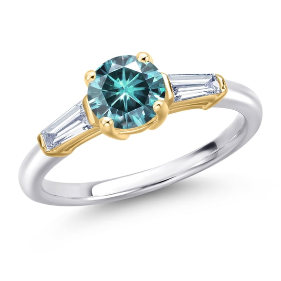 Gem Stone King 10K Two Tone Gold Blue Moissanite and Lab Grown Diamond Engagement Ring for Women | 1.30 Cttw | Round 6.5MM | Gemstone Birthstone | Size 5