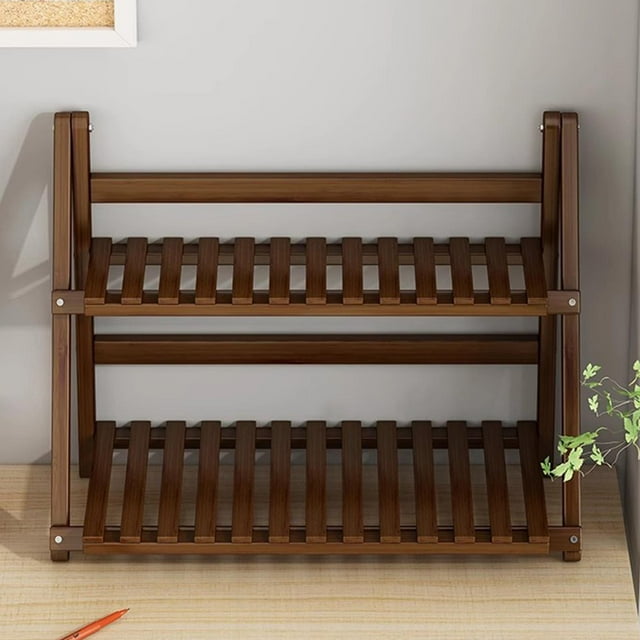 Colaxi Bamboo Plant Stand Desktop Organizer Flower Stand Practical Decorative 2 Tier Pot Display Rack Plant Shelf for Indoor Outdoor Dark Brown 40cm