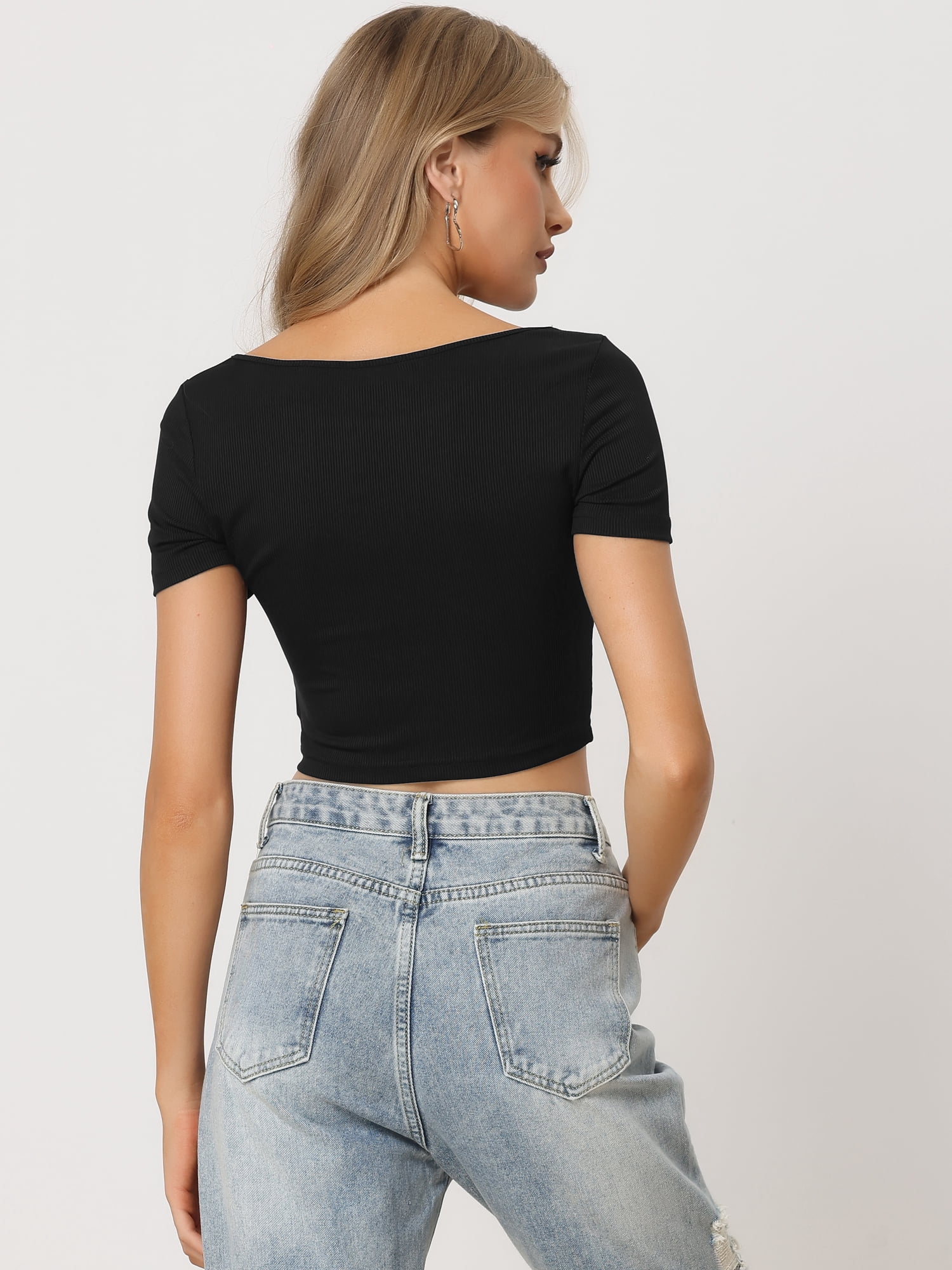 Unique Bargains Women's Rib-knit Contrast Stitch Lace Up Front Tank Croppped Top XS Black