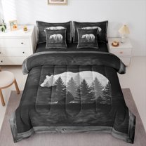Homewish Grey Bear Print Bedding Comforter Set 7pcs, Rustic Farmhouse Queen Bedding Sets, Teens Kids Adult Men Reversible Queen Sheet Sets, Super Cozy Room Decor