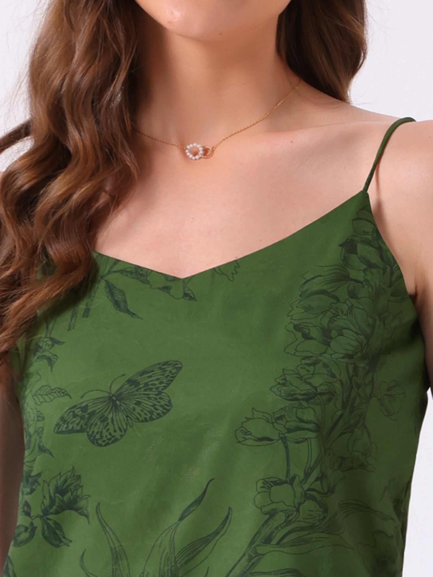 DARING DIVA Women's Satin Spaghetti Strap Sleeveless V Neck Nightgown L Green Flower