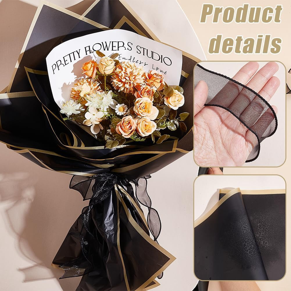 PH 22x21 Inch Flower Wrapping Paper 30 Sheet Florist Bouquet Supplies Black Waterproof Wrapping Paper Flower Decoration Lace Ribbon for DIY Crafts Gift Box Packaging 10 Yards Gold