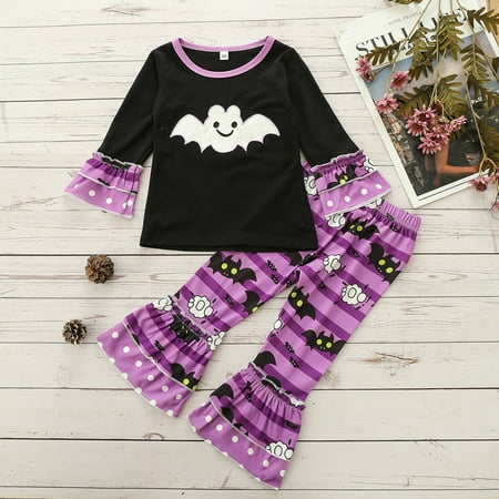 

Yiwula Toddler Kids Girls Outfit Pumpkin Prints Long Sleeves Tops Bell Bottom Pants 2pcs Set Outfits