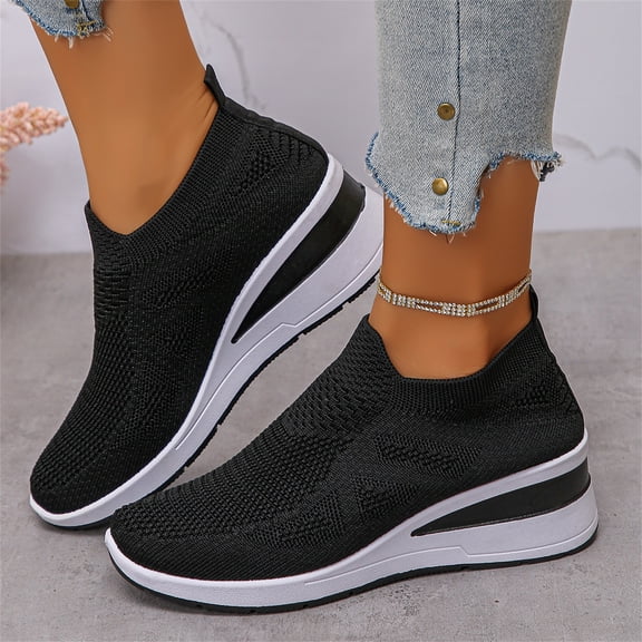 Shoes for Women, Womens Shoes, Walking Shoes, Office Shoes, Orthopedic Walking Shoes for Women, Slip-On Light Air Cushion Mesh Up Stretch Platform Orthopedic Sneakers for Arch Support, Black 6