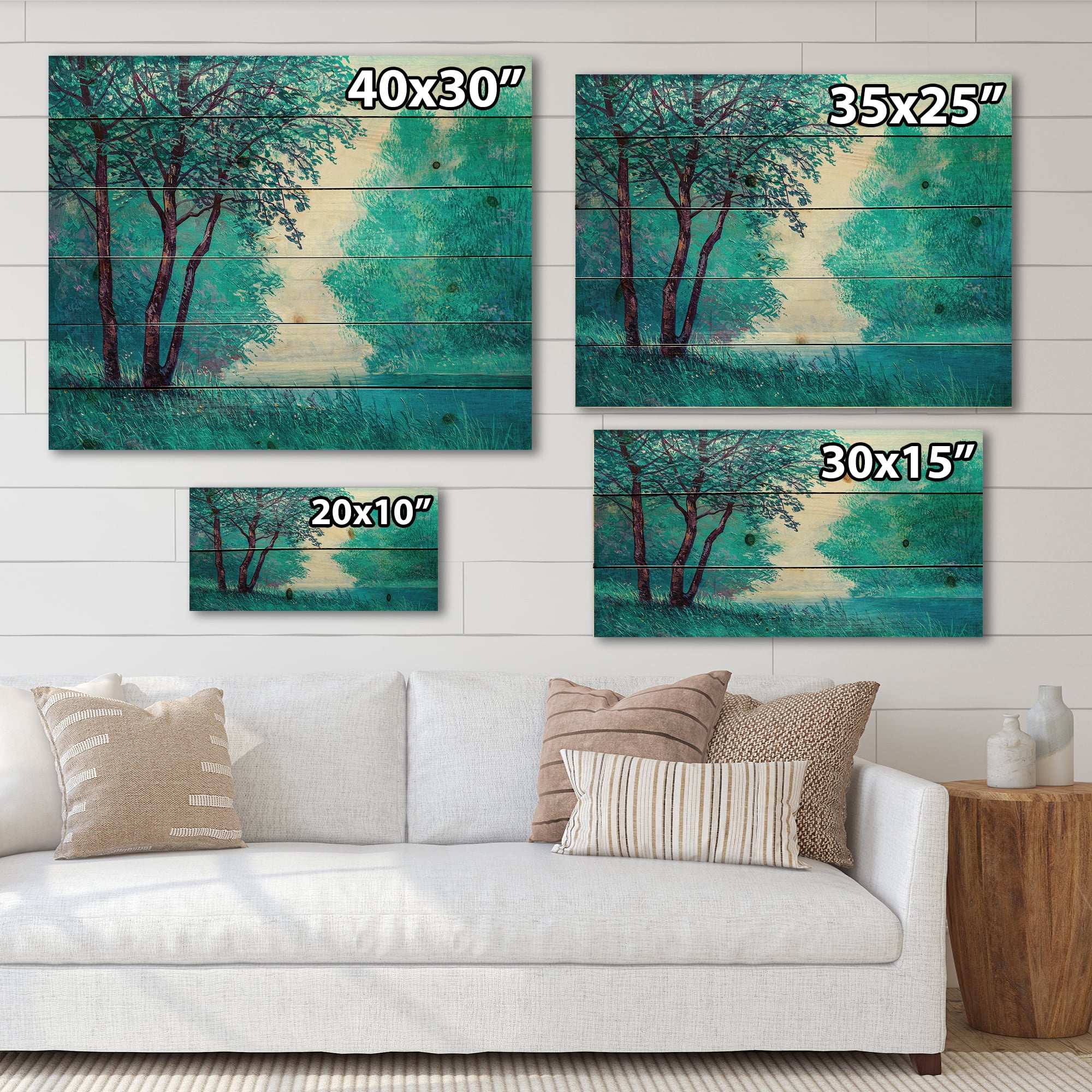 Designart 'Blue Coloured Tree Impression By Riverside' Lake House Print on Natural Pine Wood