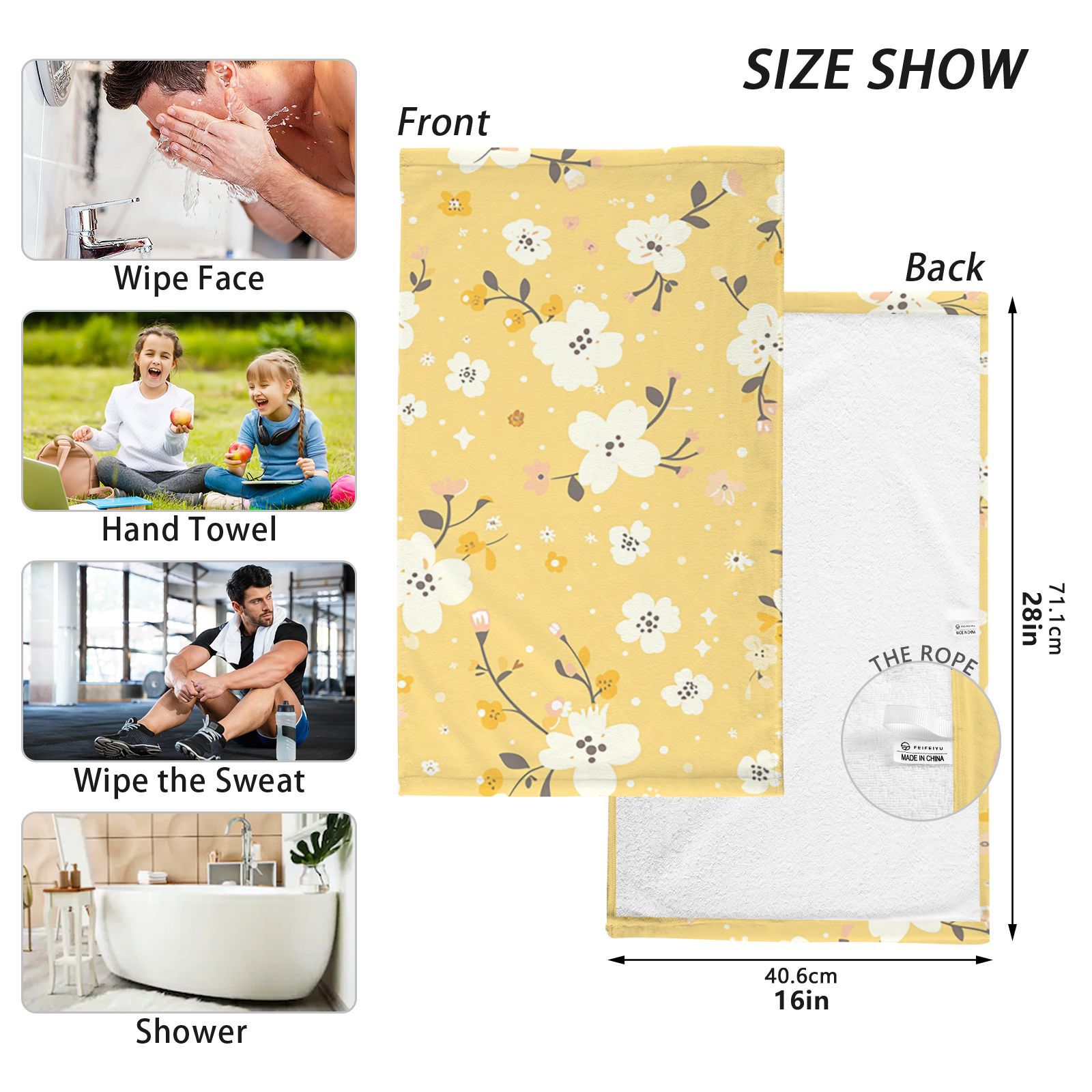 Yellow Floral Hand Towels Cotton Bath Towels Large Face Towels Absorbent for Bathroom 2 Packs